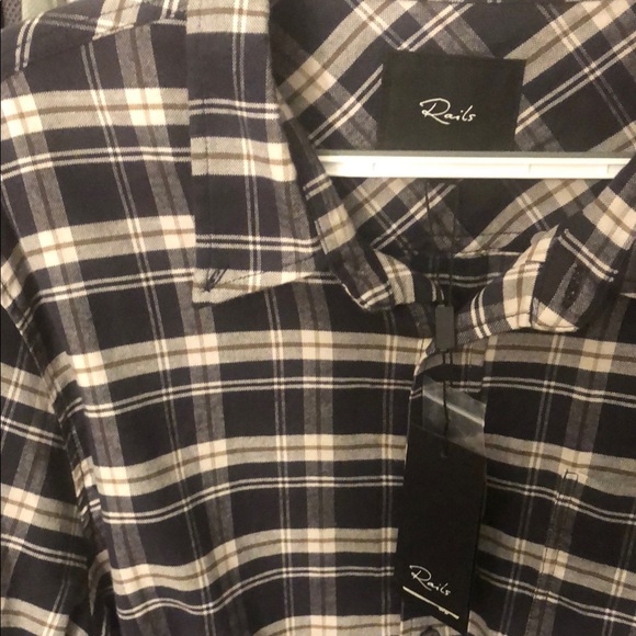 Rails “Reid” Plaid Stretch Navy Lentil Cream Cotton Button Down Shirt - Picture 3 of 9